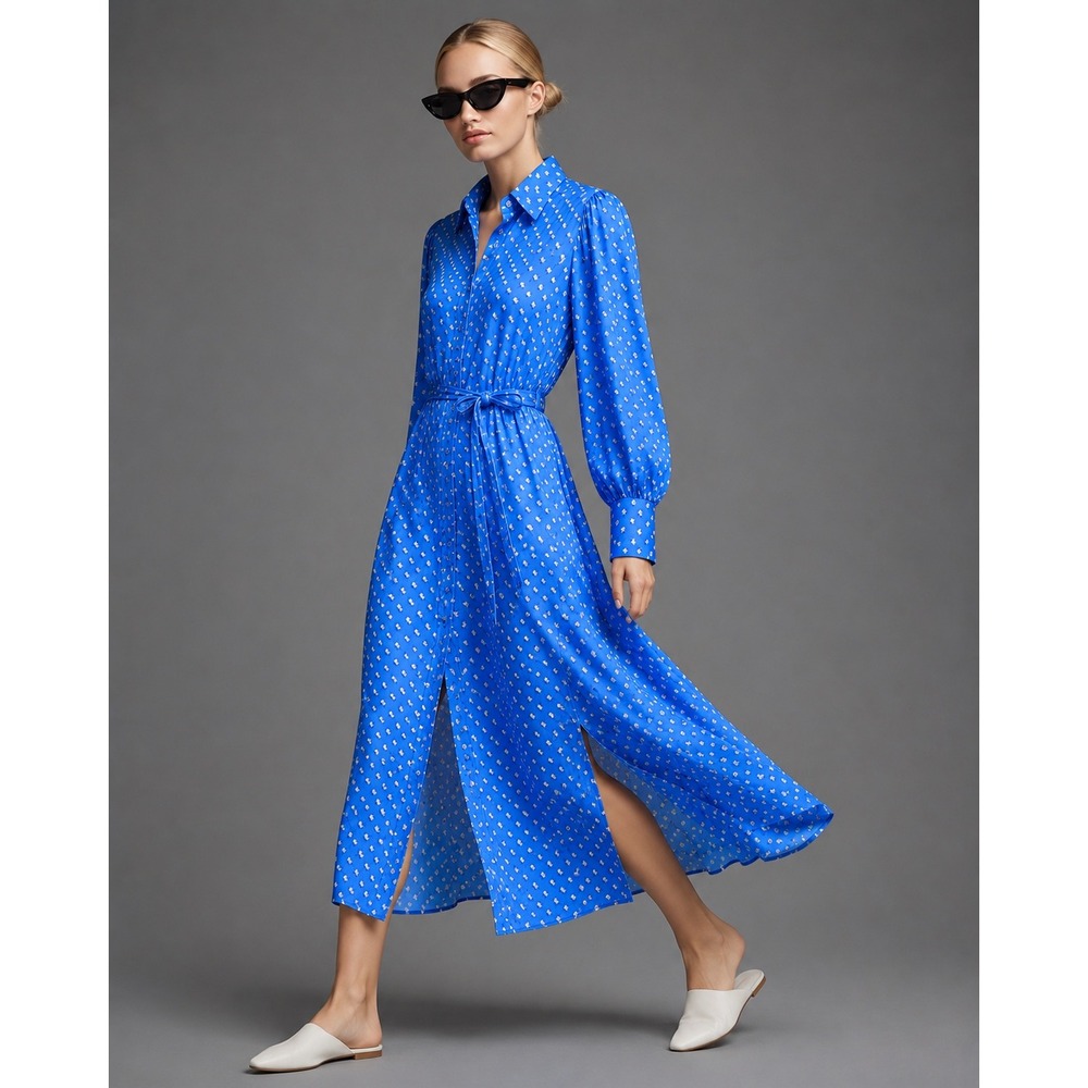 Vineyard Vines Blue Silk Blend Floral Puff Sleeve Midi Shirtdress Womens Large